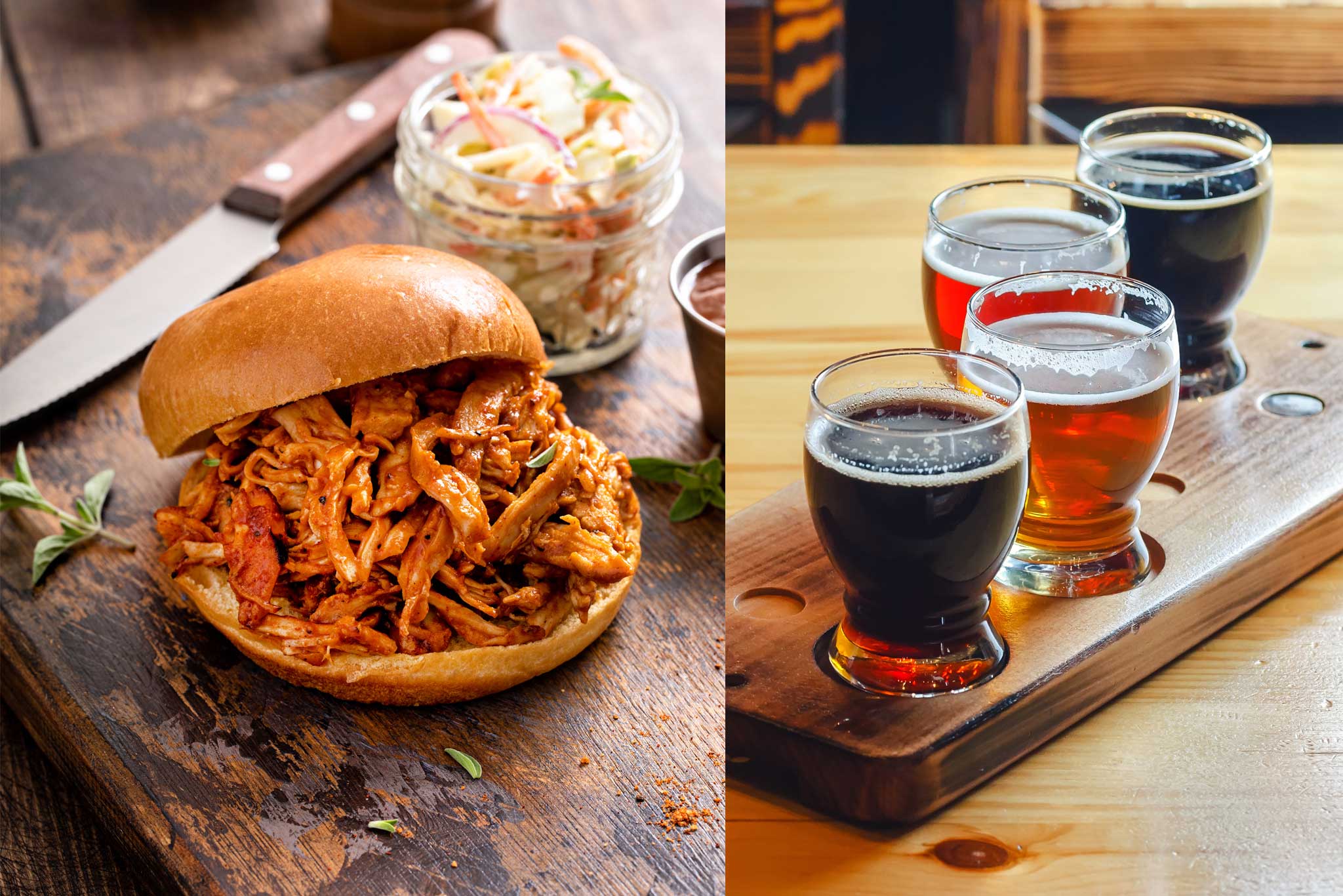 BBQ pulled chicken sandwich with coleslaw on a rustic board beside a wooden flight paddle featuring four craft beer samples for the BBQ & Brews event at Cornerstone Assisted Living.
