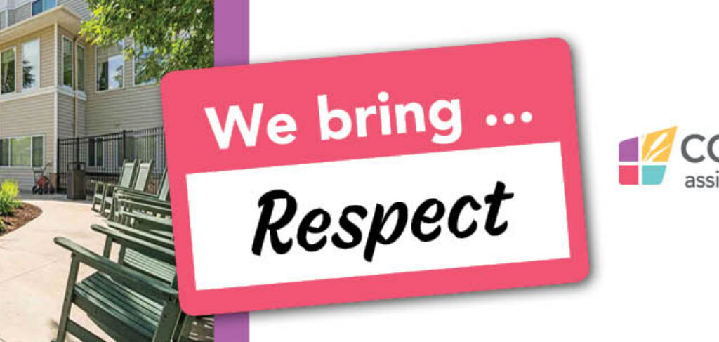 Outdoor patio at Cornerstone Assisted Living in Plymouth with tables, umbrellas and greenery, alongside a graphic reading “We bring Respect” and the Cornerstone logo.