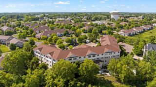 Aerial view of Cornerstone Assisted Living building and surrounding neighborhood in Plymouth MN.
